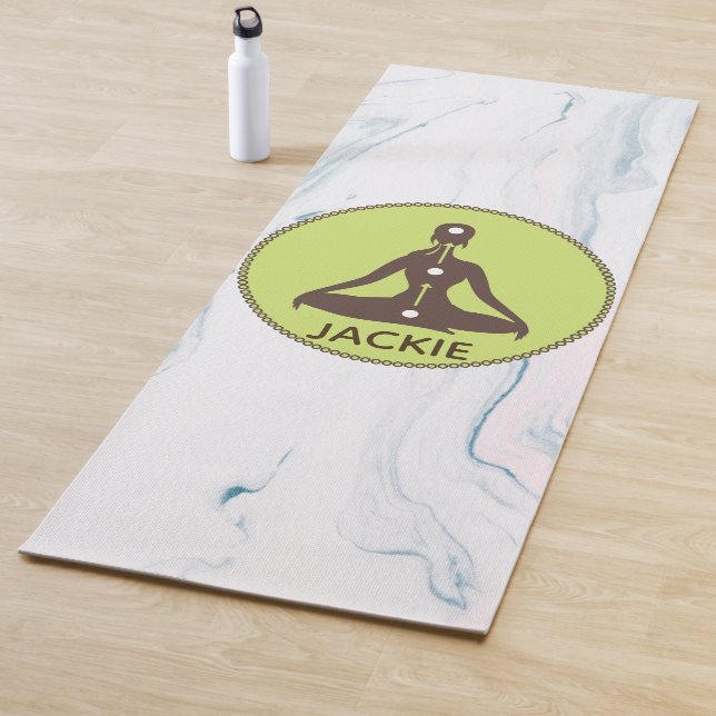 Monogrammed Brown And Green Yoga Pose Silhouette Mat (In Situ)