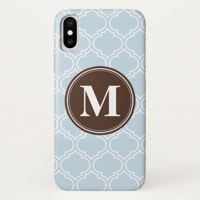 Monogrammed Brown Baby Blue Trellis Pattern Case-Mate iPhone Case (Back)