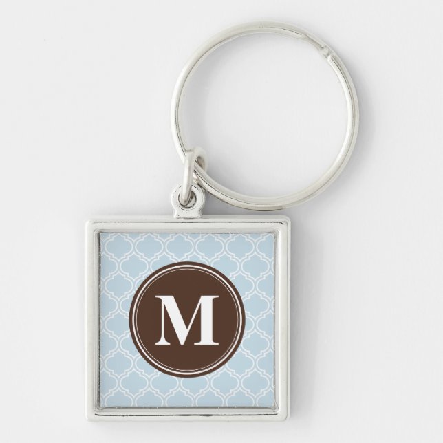 Monogrammed Brown Baby Blue Trellis Pattern Key Ring (Front)