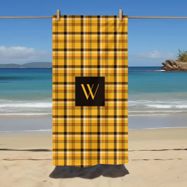 Monogrammed Brown Beige Checks Plaid Pattern Beach Towel (Monogrammed Brown Beige Checks Plaid Pattern Beach Towel)
