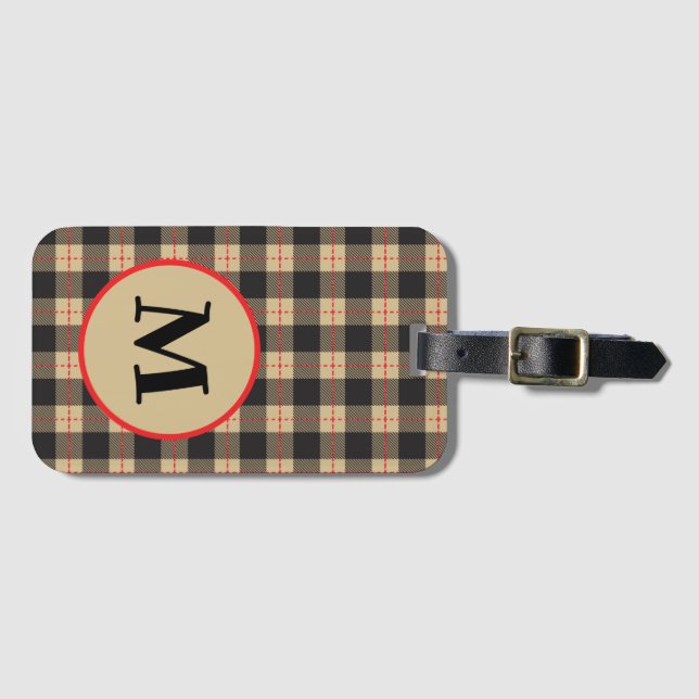 Monogrammed Brown Black and Red Buffalo Luggage Tag (Front Horizontal)