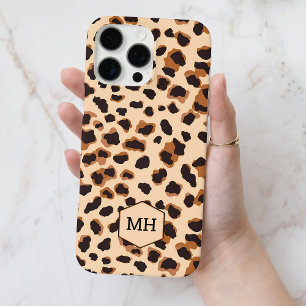 Monogrammed Brown Leopard Pattern Modern Chic iPhone 16 Pro Max Case