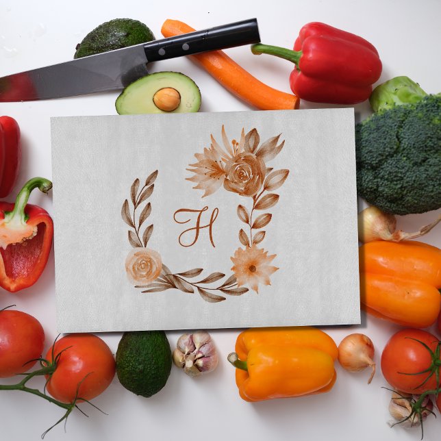 Monogrammed Brown Peach Floral Autumn Fall Colours Cutting Board (Creator Uploaded)