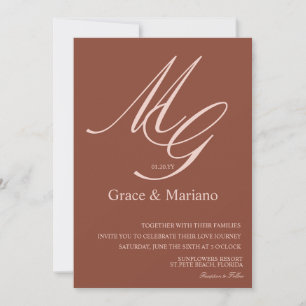 Monogrammed Brown Pink Muted Wedding Invitation