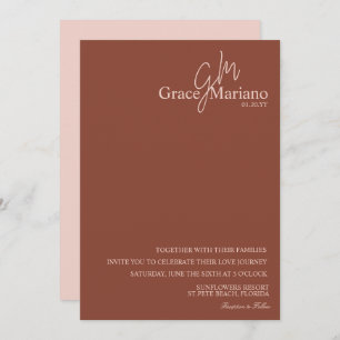 Monogrammed Brown Pink Script Logo Wedding Invitation