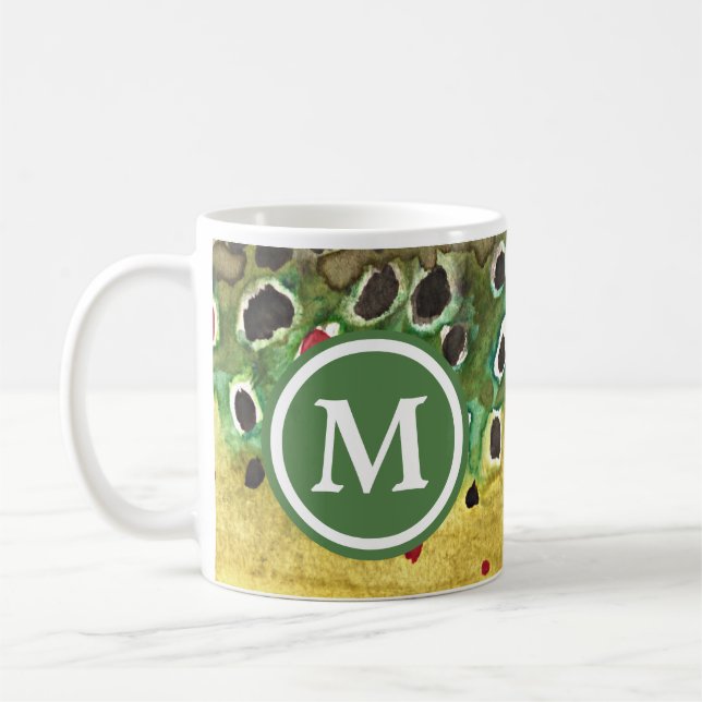 Monogrammed Brown Trout Fishing Coffee Mug (Left)