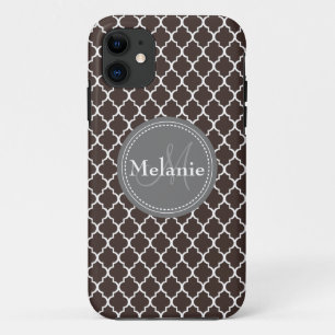 Monogrammed Brown White Moroccan Lattice Pattern iPhone 11 Case