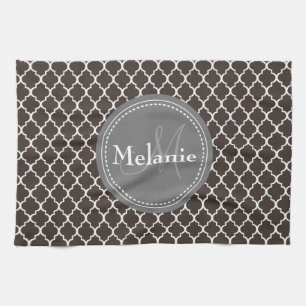 Monogrammed Brown White Moroccan Lattice Pattern Tea Towel