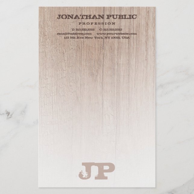 Monogrammed Brown Wood Board Plank Look Template Stationery (Front)