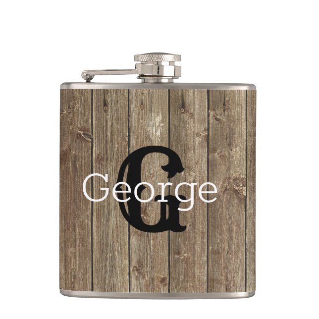 Monogrammed Brown Wood Handsome Modern Hip Flask (Front)