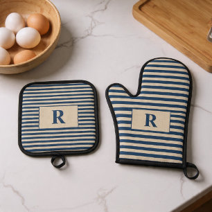 Monogrammed Bue/Vanilla Stripes Oven Mitt & Pot Holder Set