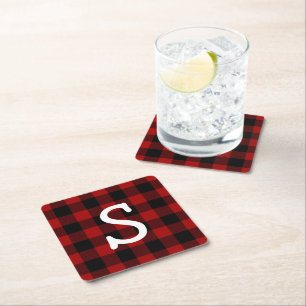 Monogrammed buffalo plaid square paper coaster