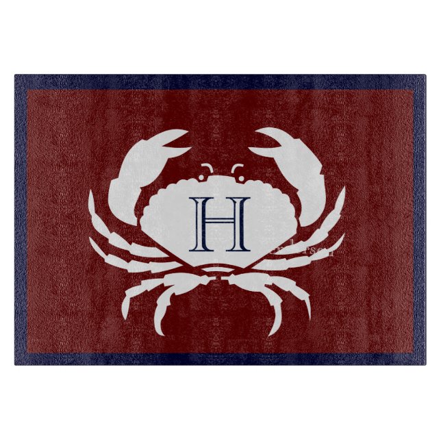 Monogrammed Burgundy Navy Blue White Crab Nautical Cutting Board (Front)