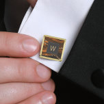 Monogrammed Burnt Orange Agate Gold Dark Square Gold Finish Cufflinks<br><div class="desc">These elegant cufflinks feature a burnt orange watercolor agate geode design with gold faux glitter highlights. Personalise them with his monogram initial in gold-coloured text on an off-black square.They coordinate with our burnt orange and gold agate dark wedding suite. Also available in round shape. They make great gifts for your...</div>
