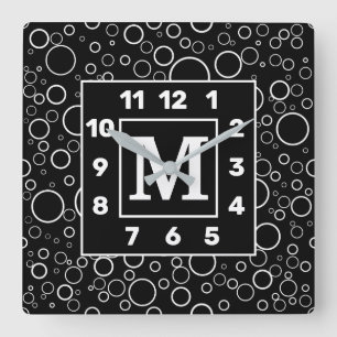 Monogrammed BW Random Bubbles Square Wall Clock