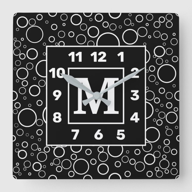 Monogrammed BW Random Bubbles Square Wall Clock (Front)