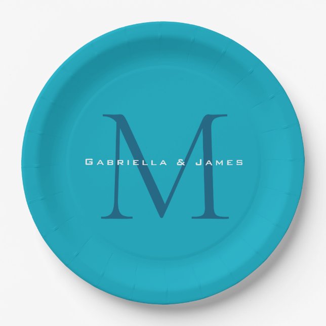 Monogrammed Calligraphy Azure Blue Modern Plain Paper Plate (Front)