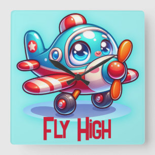 Monogrammed Cartoon plane blue Square Wall Clock
