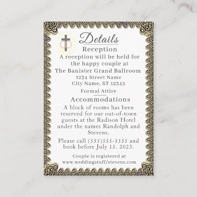 Monogrammed Catholic Vintage Wedding Details Card (Front)