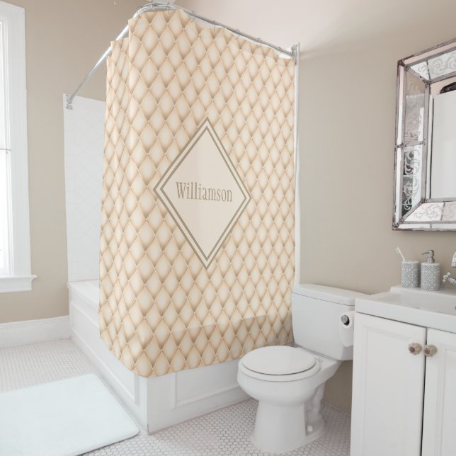 Monogrammed Champagne Diamond Geometric Pattern Shower Curtain (In Situ)
