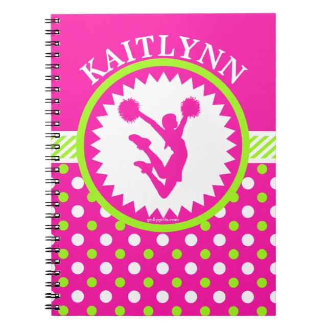 Monogrammed Cheer/Pom Pink and Green Polka-Dots Notebook (Front)