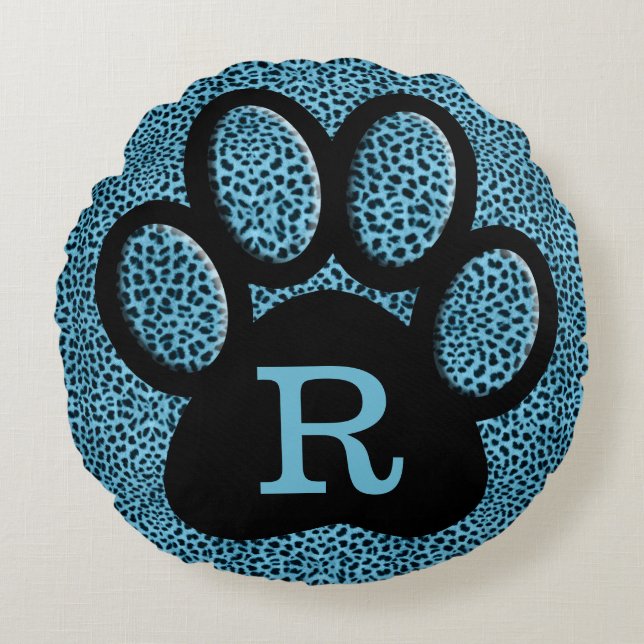 Monogrammed Cheetah Print in Blue with Cat Paw Round Cushion (Front)