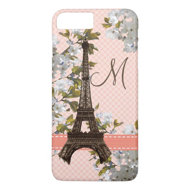 Monogrammed Cherry Blossom Eiffel Tower Case-Mate iPhone Case (Back)