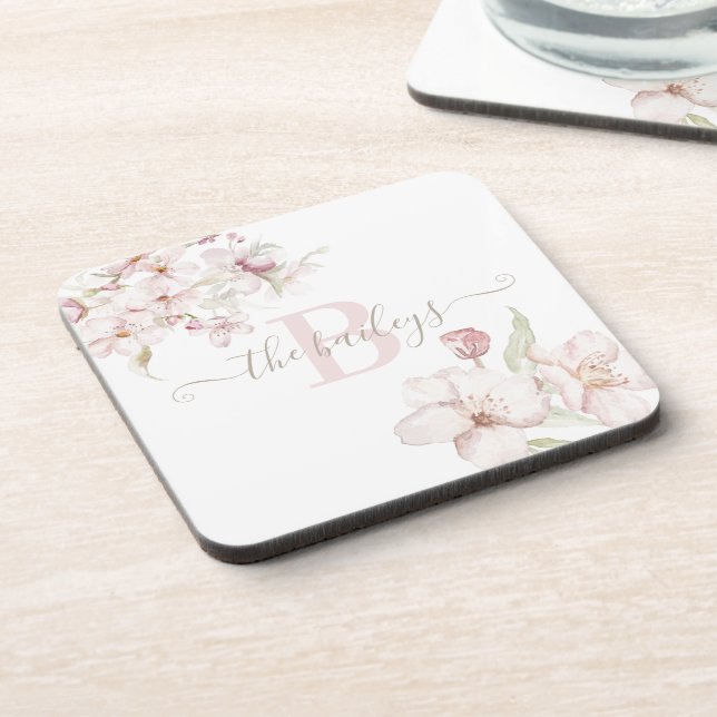 Monogrammed Cherry Blossom Plastic Coaster (Left Side)