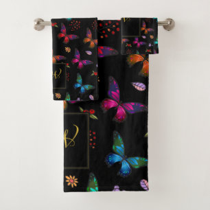 Monogrammed Chic Fancy Butterflies Pattern Bath Towel Set