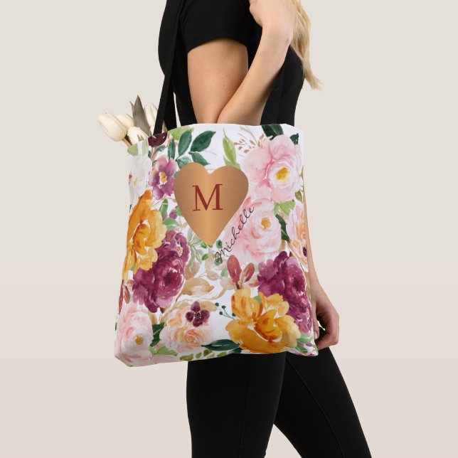 Monogrammed chic floral pattern  tote bag (Close Up)