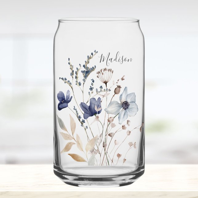 Monogrammed Chic Pretty Watercolor Blue Floral Can Glass (In situ)