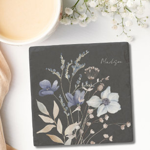 Monogrammed Chic Pretty Watercolor Blue Floral Stone Coaster