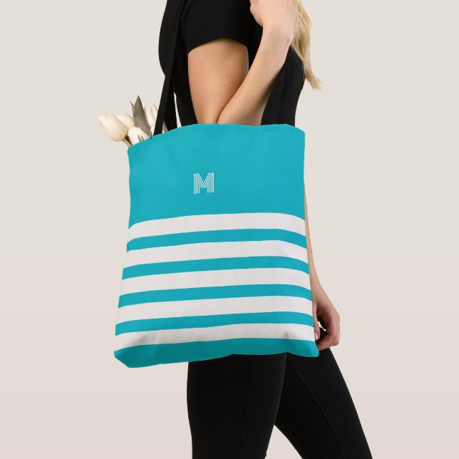 Monogrammed | Chic Stripes Turquoise Tote Bag (Close Up)