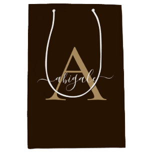Monogrammed Chocolate Brown Gold Minimal Elegant Medium Gift Bag