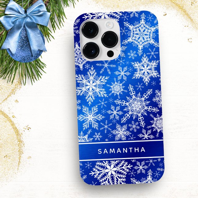 Monogrammed Christmas Blue White Snowflakes Case-Mate iPhone Case (Creator Uploaded)