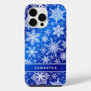 Monogrammed Christmas Blue White Snowflakes iPhone 14 Pro Max Case