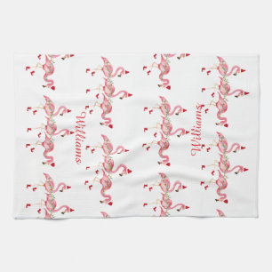 Monogrammed Christmas flamingos kitchen towel