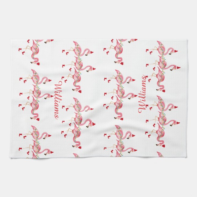 Monogrammed Christmas flamingos kitchen towel (Horizontal)