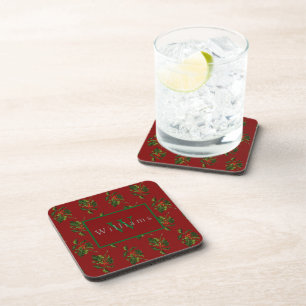 Monogrammed Christmas Holly On Red Coaster
