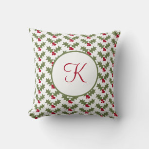 Monogrammed Christmas Holly Red Berry Green Leaves Cushion