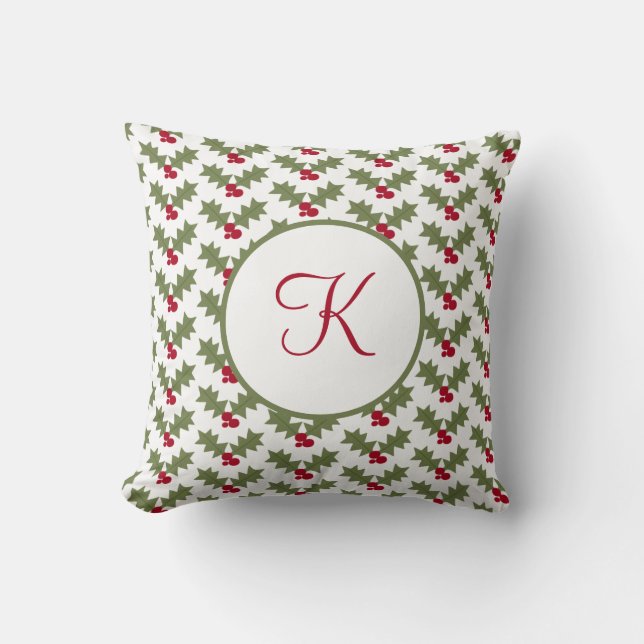 Monogrammed Christmas Holly Red Berry Green Leaves Cushion (Front)