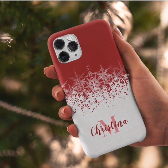Monogrammed Christmas Red White Snowflakes Case-Mate iPhone Case (Creator Uploaded)