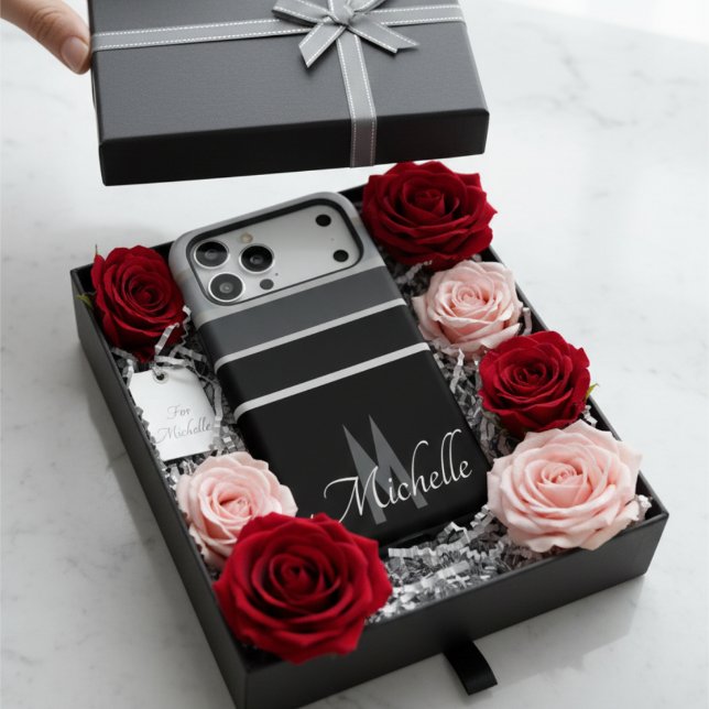 Monogrammed Classic Black White Gray Stripes (Creator Uploaded)