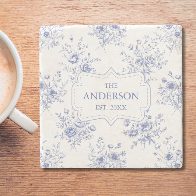 Monogrammed Classic Blue Flowers Floral Pattern Stone Coaster (In situ)