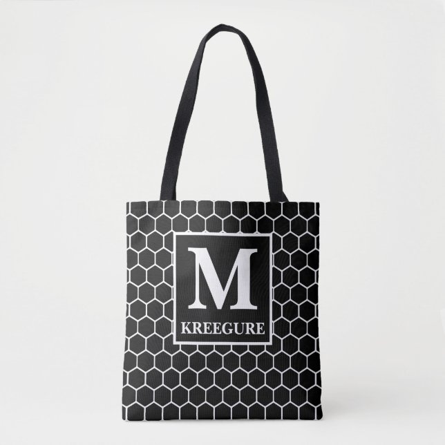 Monogrammed Classic Serif BW Honeycomb Tote Bag (Front)