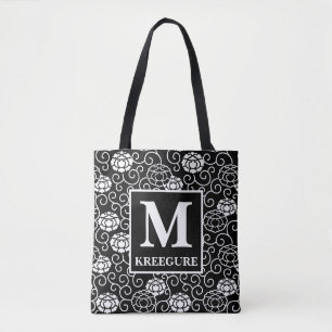 Monogrammed Classic Serif BW Peonies Tote Bag
