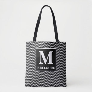 Monogrammed Classic Serif BW Steep Chevron Tote Bag