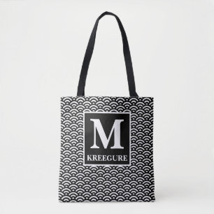 Monogrammed Classic Serif BW Vintage Waves Tote Bag