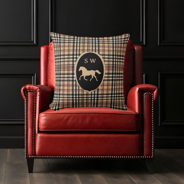 Monogrammed Classic Tartan Plaid Horse Mocha Brown Cushion (Creator Uploaded)