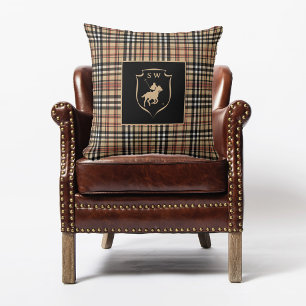 Monogrammed Classic Tartan Plaid Polo Mocha Brown Cushion